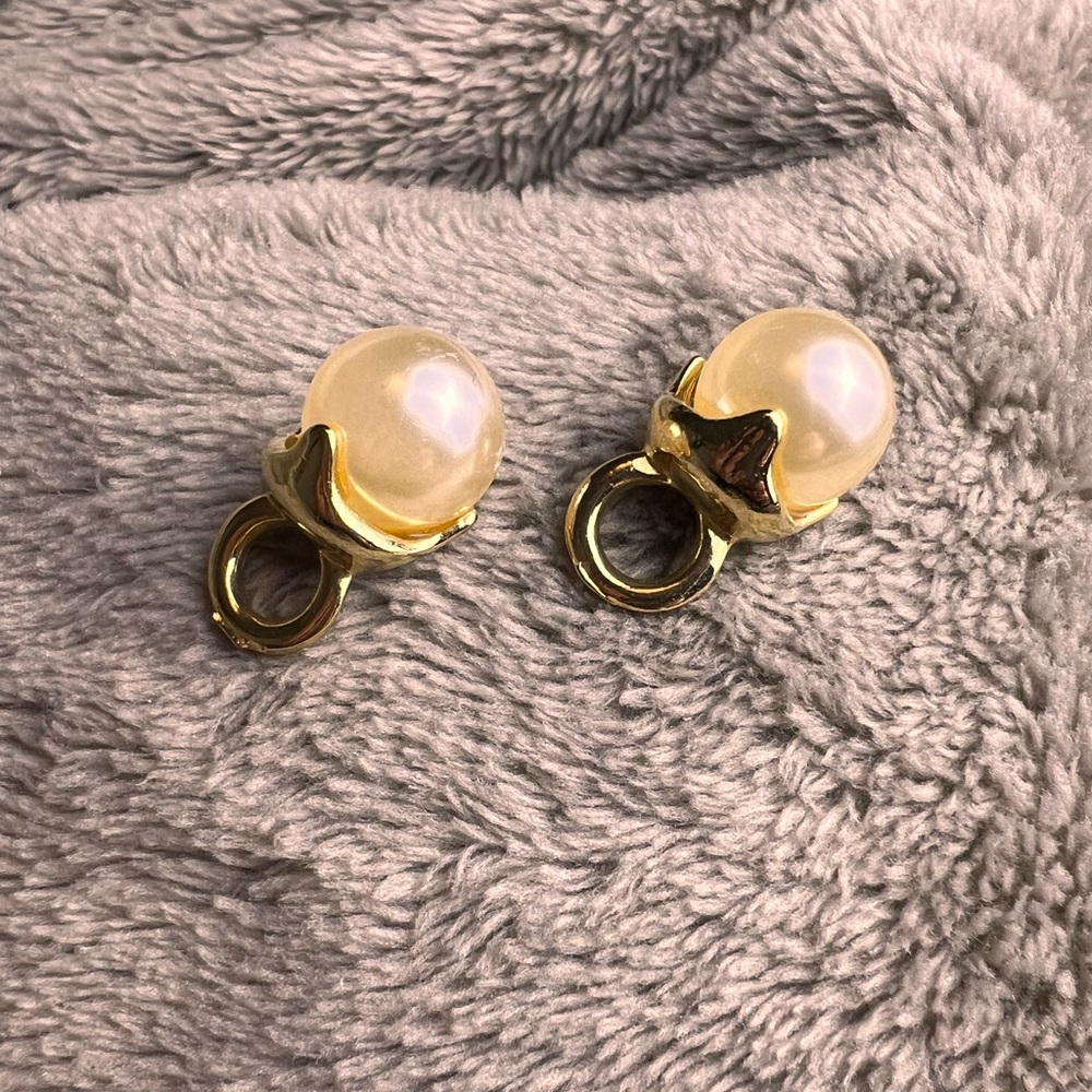 Gold Large Round White Pearl Pendant Earring Charms with Hoops